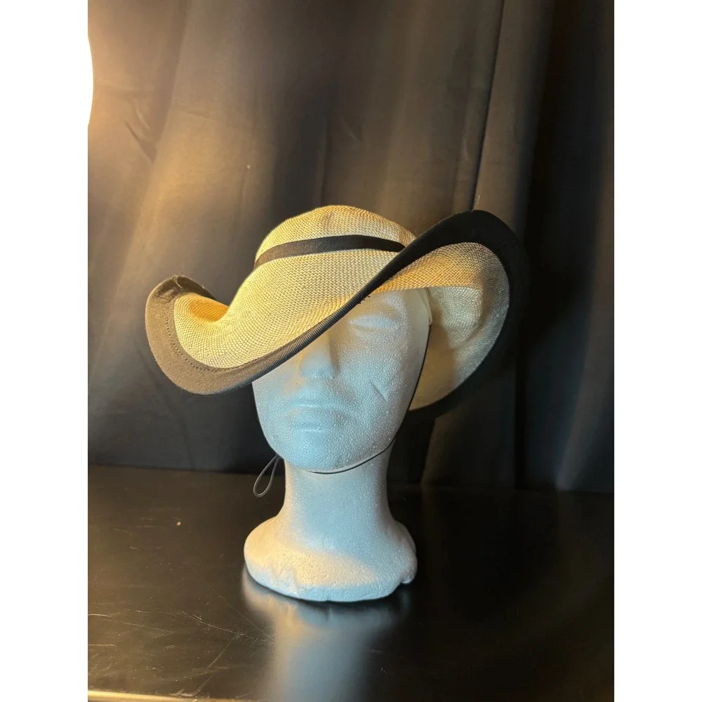 Woven Straw Sun Hat Wide Brim Cream Black Grosgrain Ribbon Bow Chin Strap